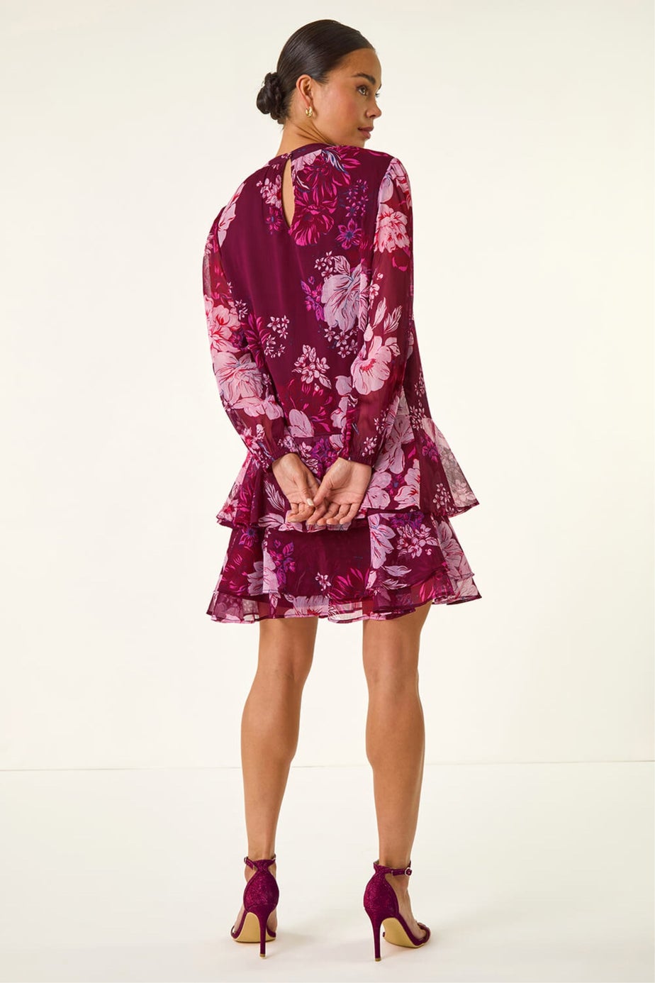 Roman Wine Petite Floral Print Frill Swing Dress