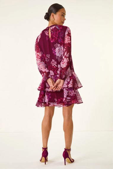 Roman Wine Petite Floral Print Frill Swing Dress