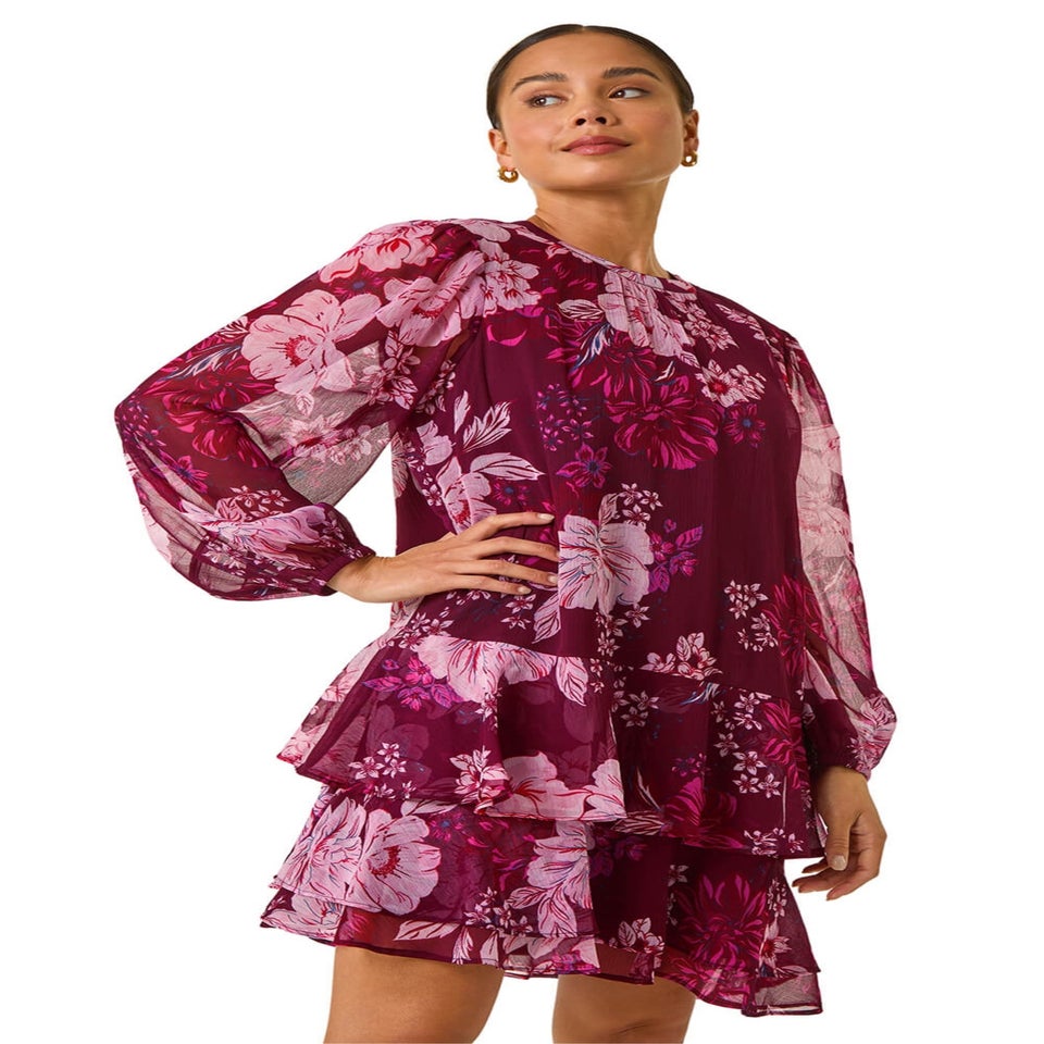 Roman Wine Petite Floral Print Frill Swing Dress
