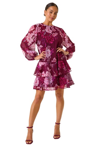 Roman Wine Petite Floral Print Frill Swing Dress
