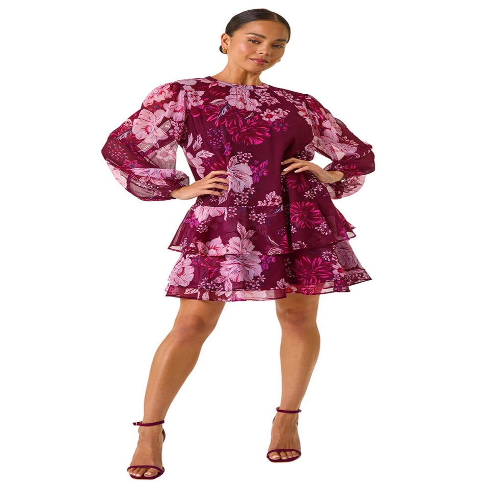 Roman Wine Petite Floral Print Frill Swing Dress