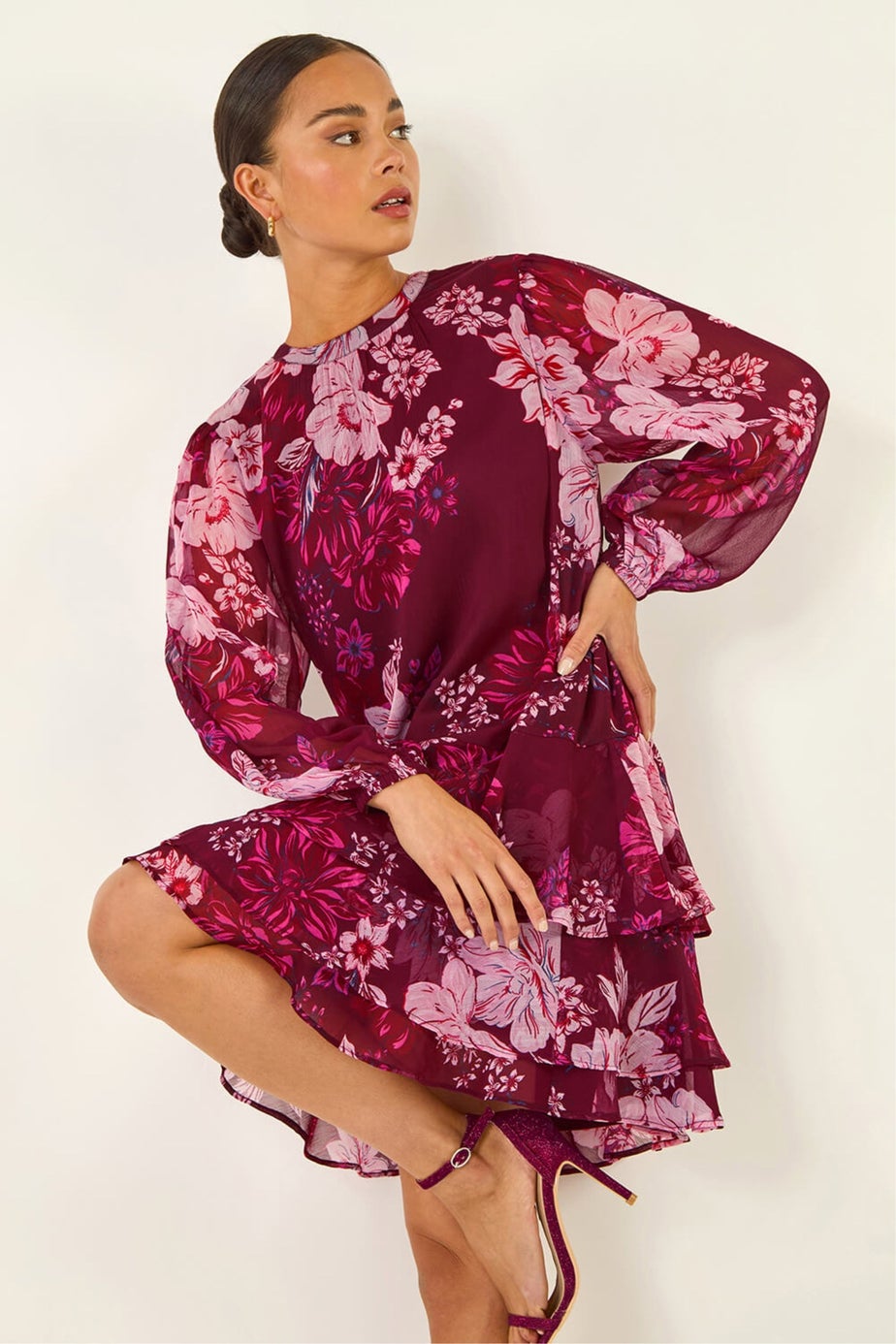 Roman Wine Petite Floral Print Frill Swing Dress