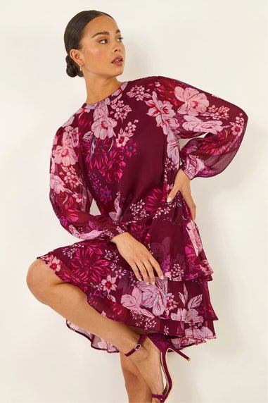 Roman Wine Petite Floral Print Frill Swing Dress