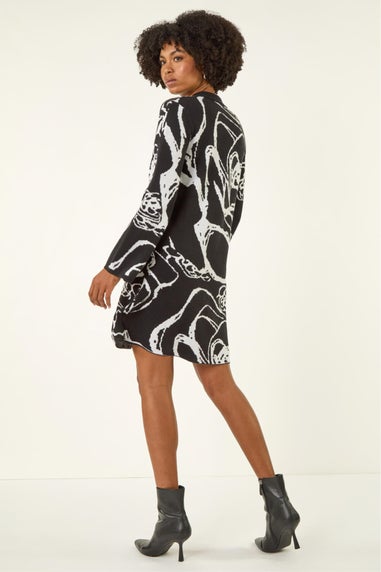 Roman Black Floral Abstract Knit Dress