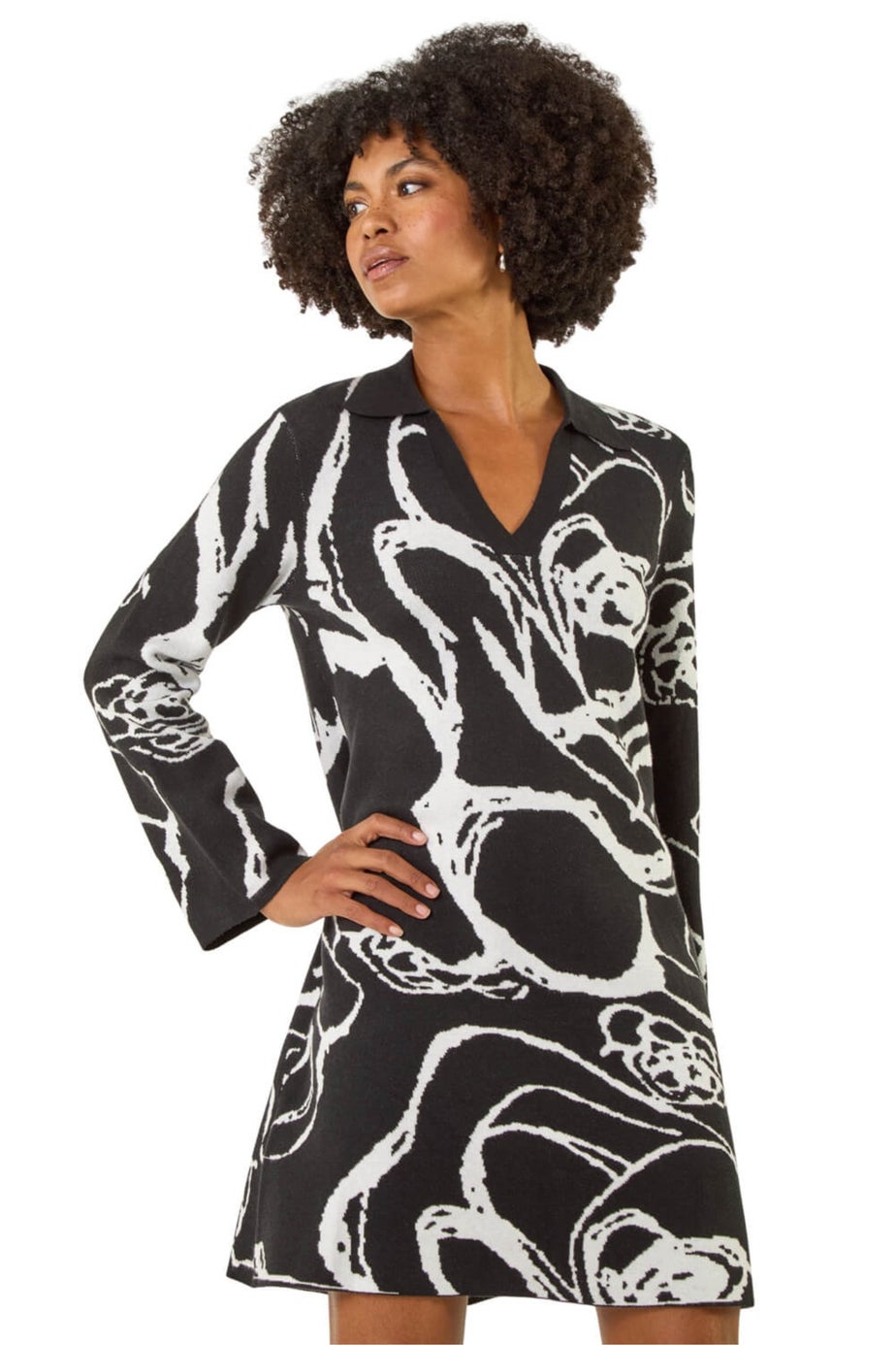 Roman Black Floral Abstract Knit Dress