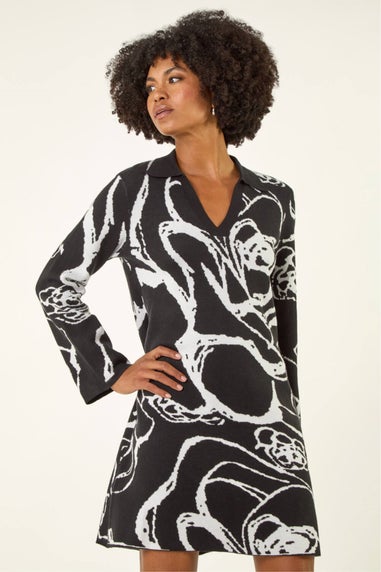 Roman Black Floral Abstract Knit Dress