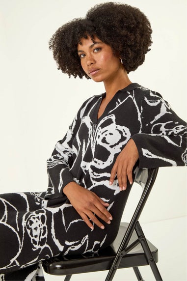 Roman Black Floral Abstract Knit Dress
