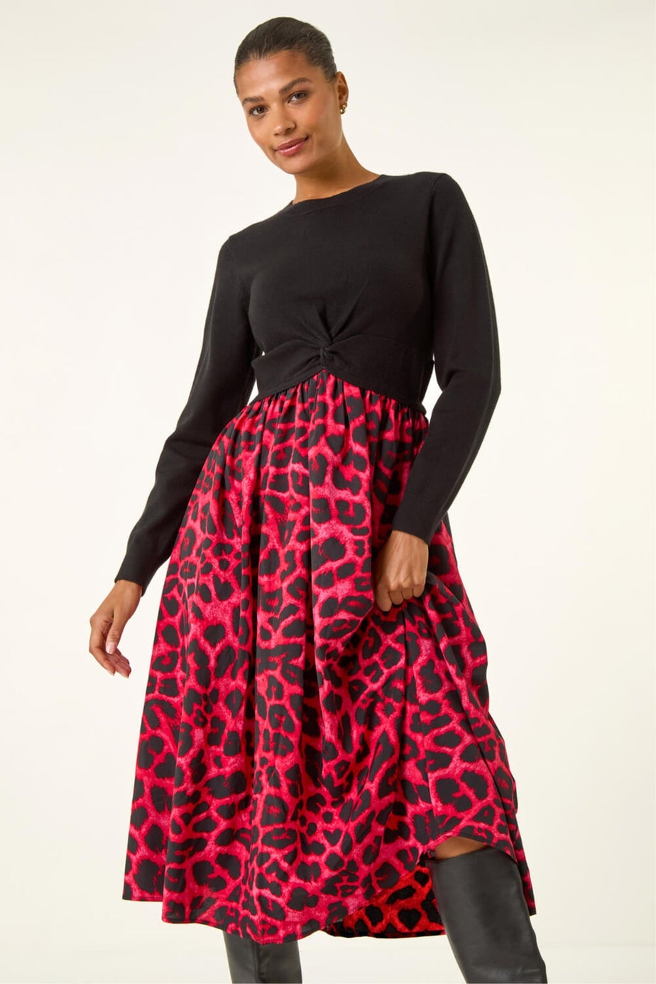 Roman Red Animal Print Twist Front Midi Dress