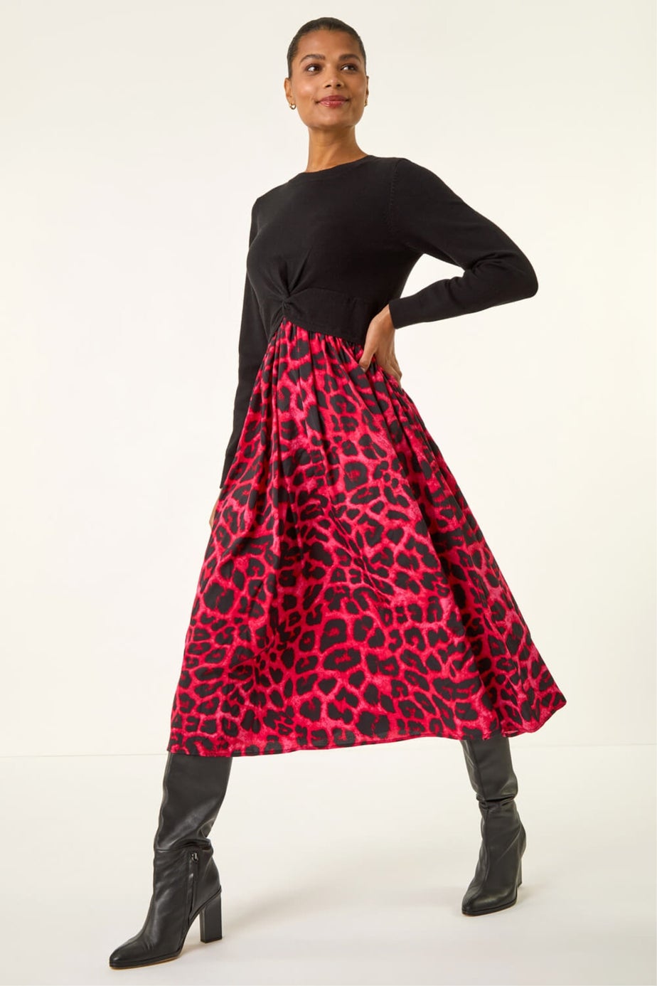 Roman Red Animal Print Twist Front Midi Dress