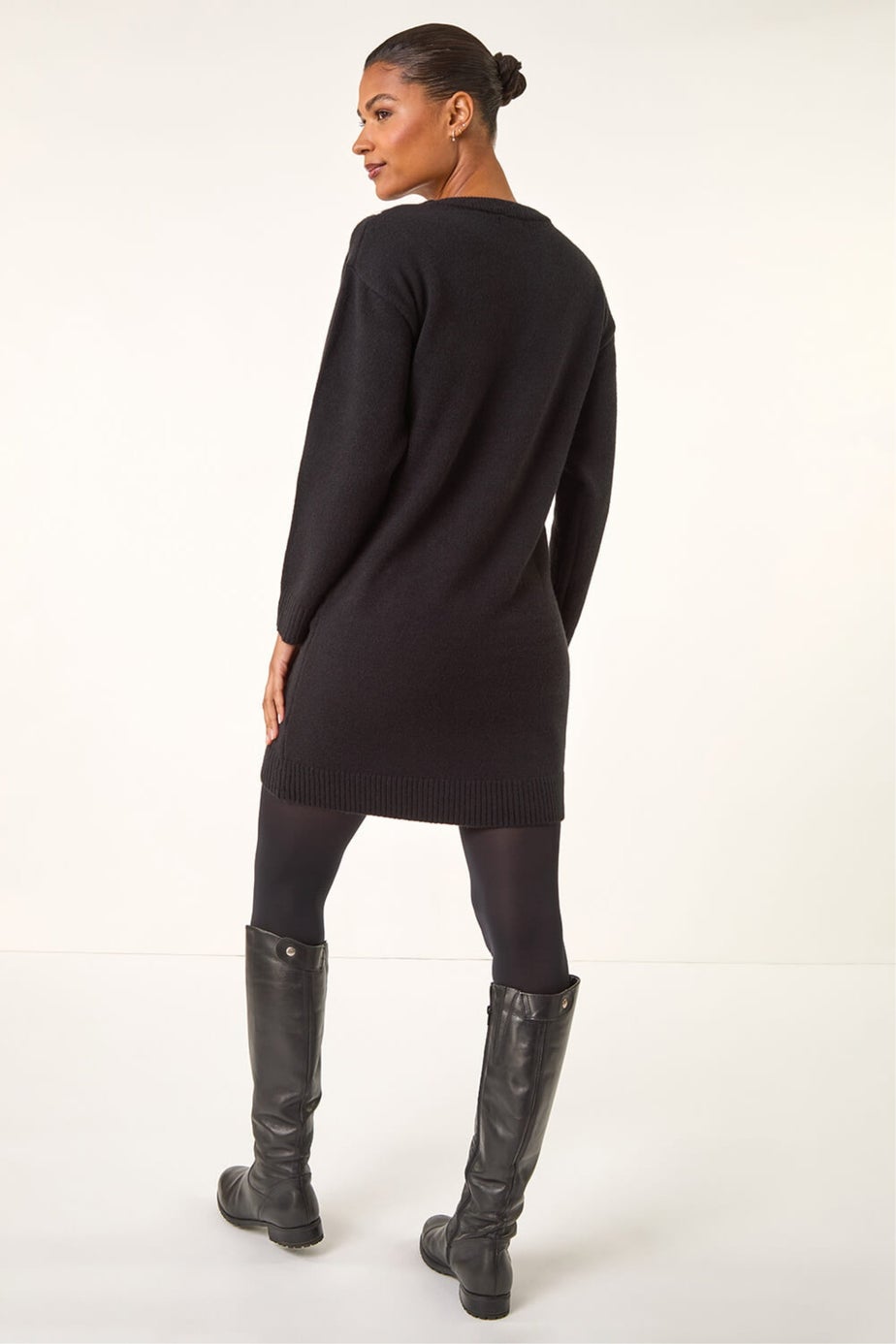 Roman Black Floral Motif Knit Dress