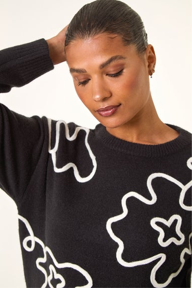 Roman Black Floral Motif Knit Dress