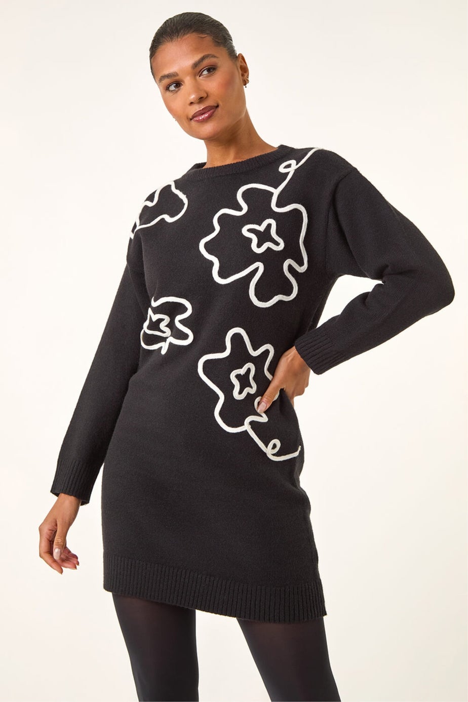 Roman Black Floral Motif Knit Dress