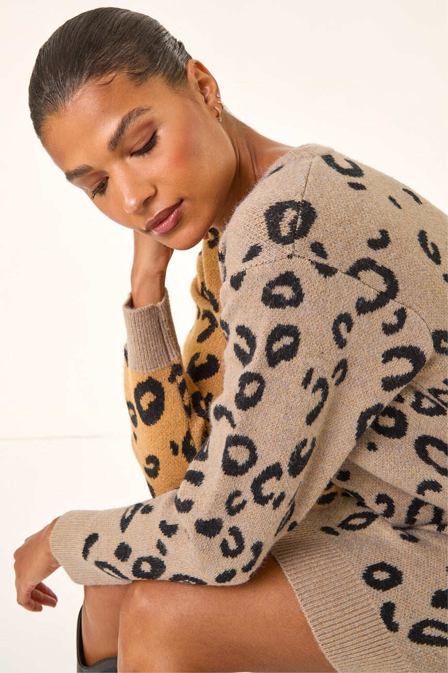 Roman Tan Animal Print Knitted Shift Dress