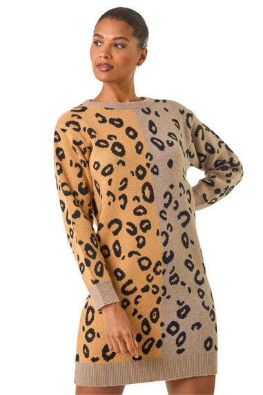 Roman Tan Animal Print Knitted Shift Dress
