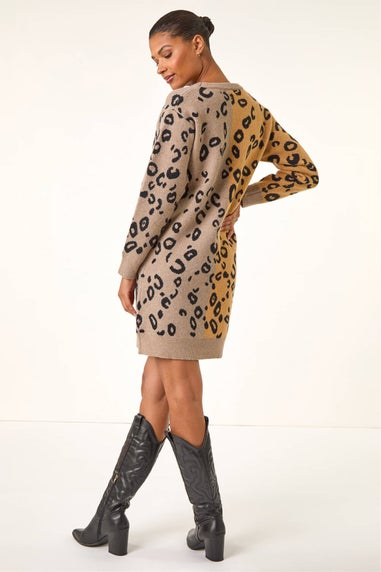 Roman Tan Animal Print Knitted Shift Dress