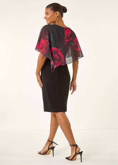Roman Black Floral Overlay Premium Stretch Dress