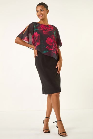 Roman Black Floral Overlay Premium Stretch Dress