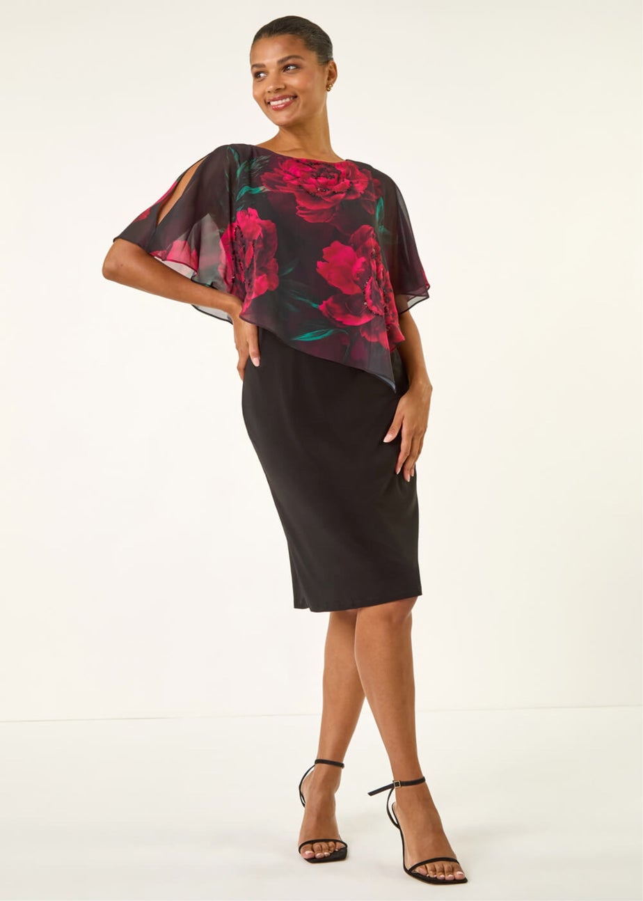 Roman Black Floral Overlay Premium Stretch Dress