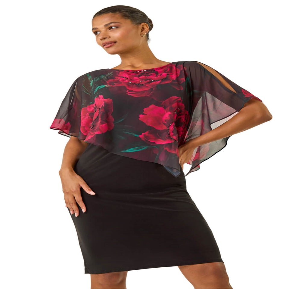 Roman Black Floral Overlay Premium Stretch Dress