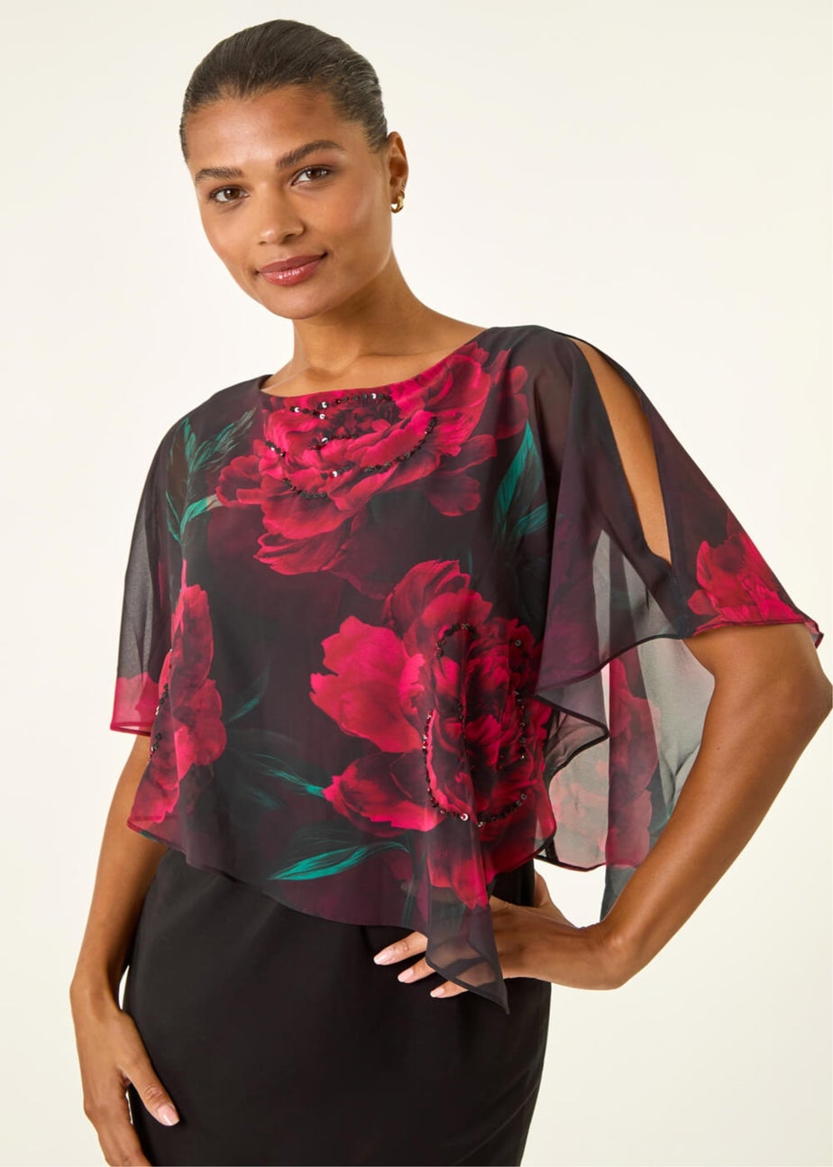 Roman Black Floral Overlay Premium Stretch Dress