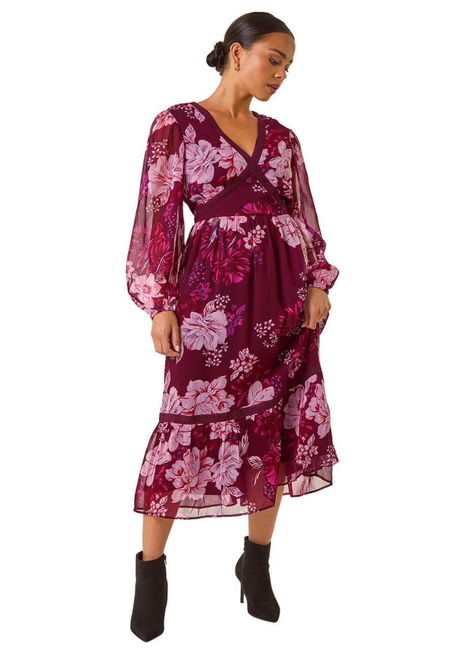 Roman Wine Petite Floral Print Trim Midi Dress