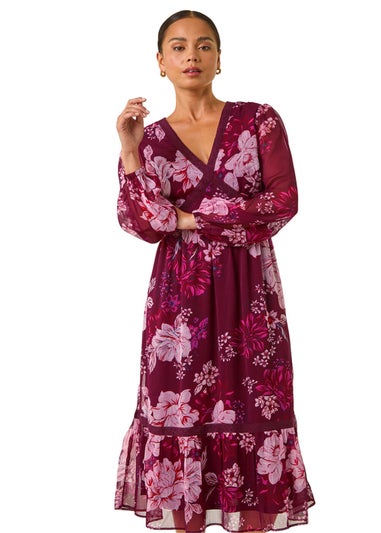 Roman Wine Petite Floral Print Trim Midi Dress