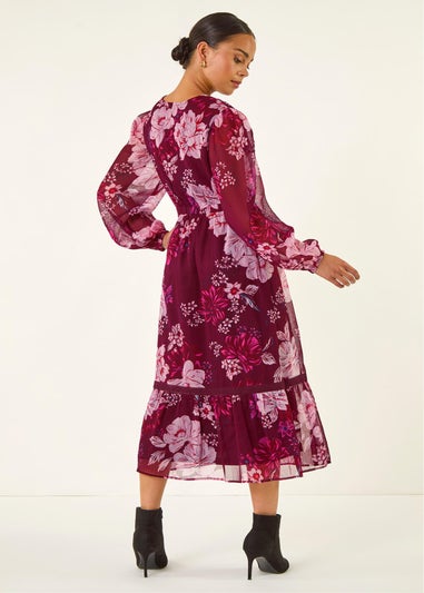 Roman Wine Petite Floral Print Trim Midi Dress