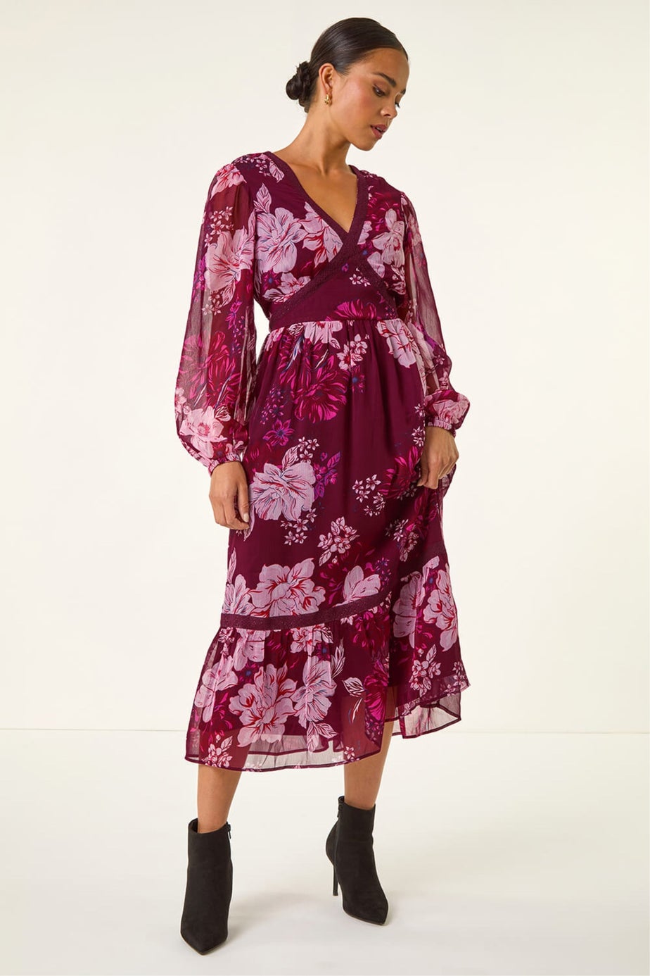 Roman Wine Petite Floral Print Trim Midi Dress