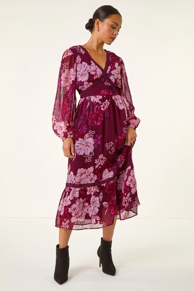 Roman Wine Petite Floral Print Trim Midi Dress