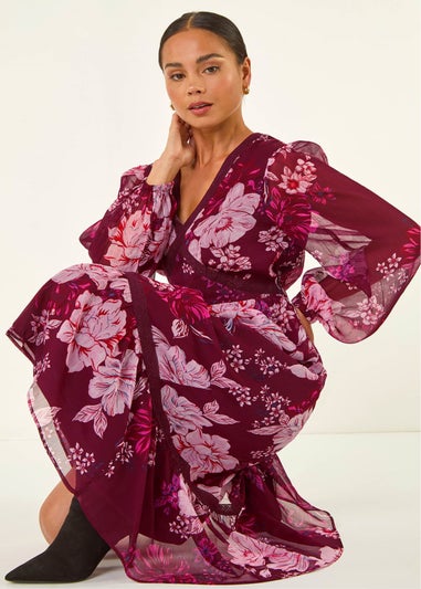 Roman Wine Petite Floral Print Trim Midi Dress