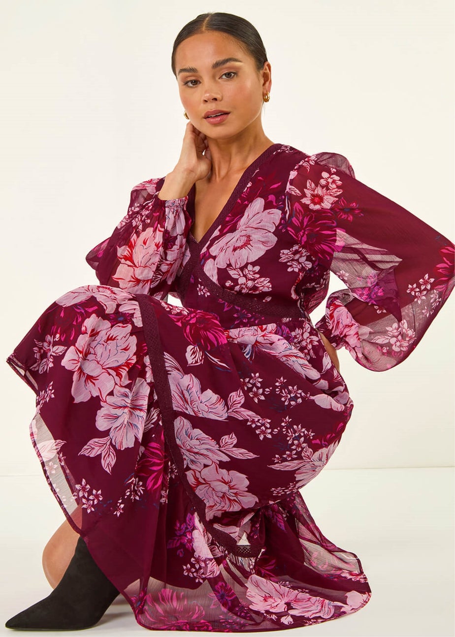 Roman Wine Petite Floral Print Trim Midi Dress