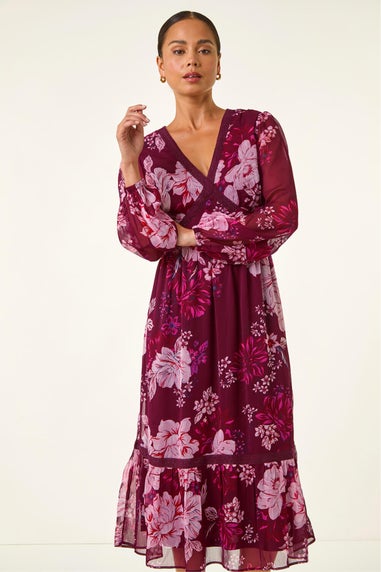 Roman Wine Petite Floral Print Trim Midi Dress