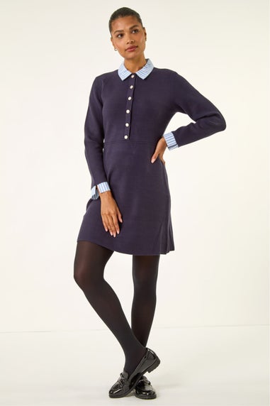 Roman Navy Stripe Collar Buttoned Knit Dress