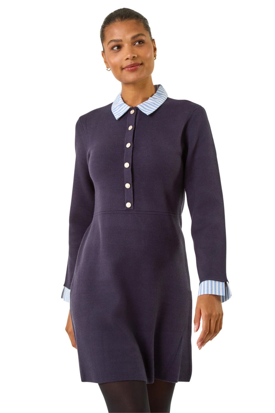 Roman Navy Stripe Collar Buttoned Knit Dress