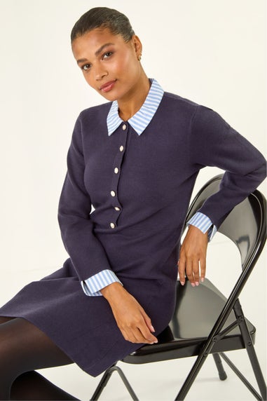Roman Navy Stripe Collar Buttoned Knit Dress