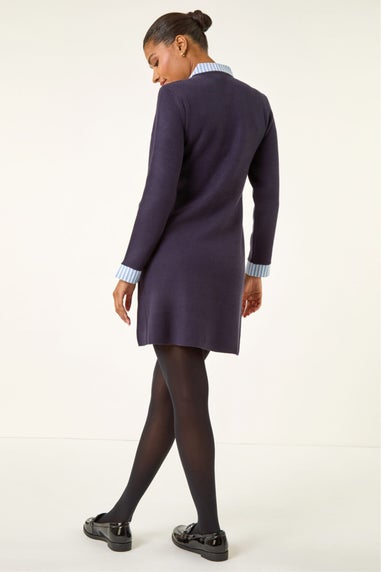 Roman Navy Stripe Collar Buttoned Knit Dress