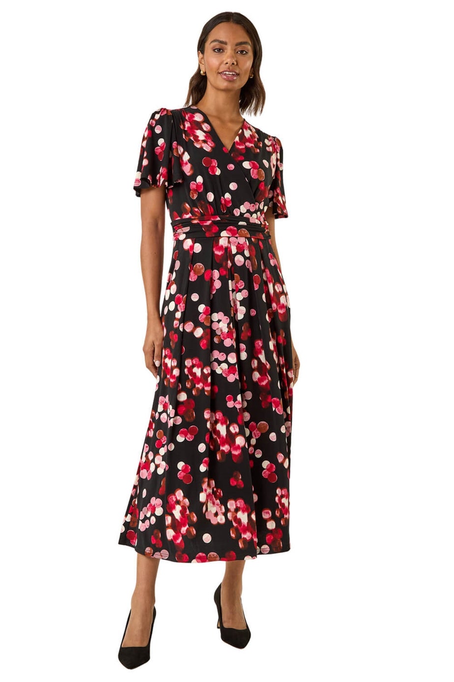 Roman Red Spot Print Wrap Midi Dress