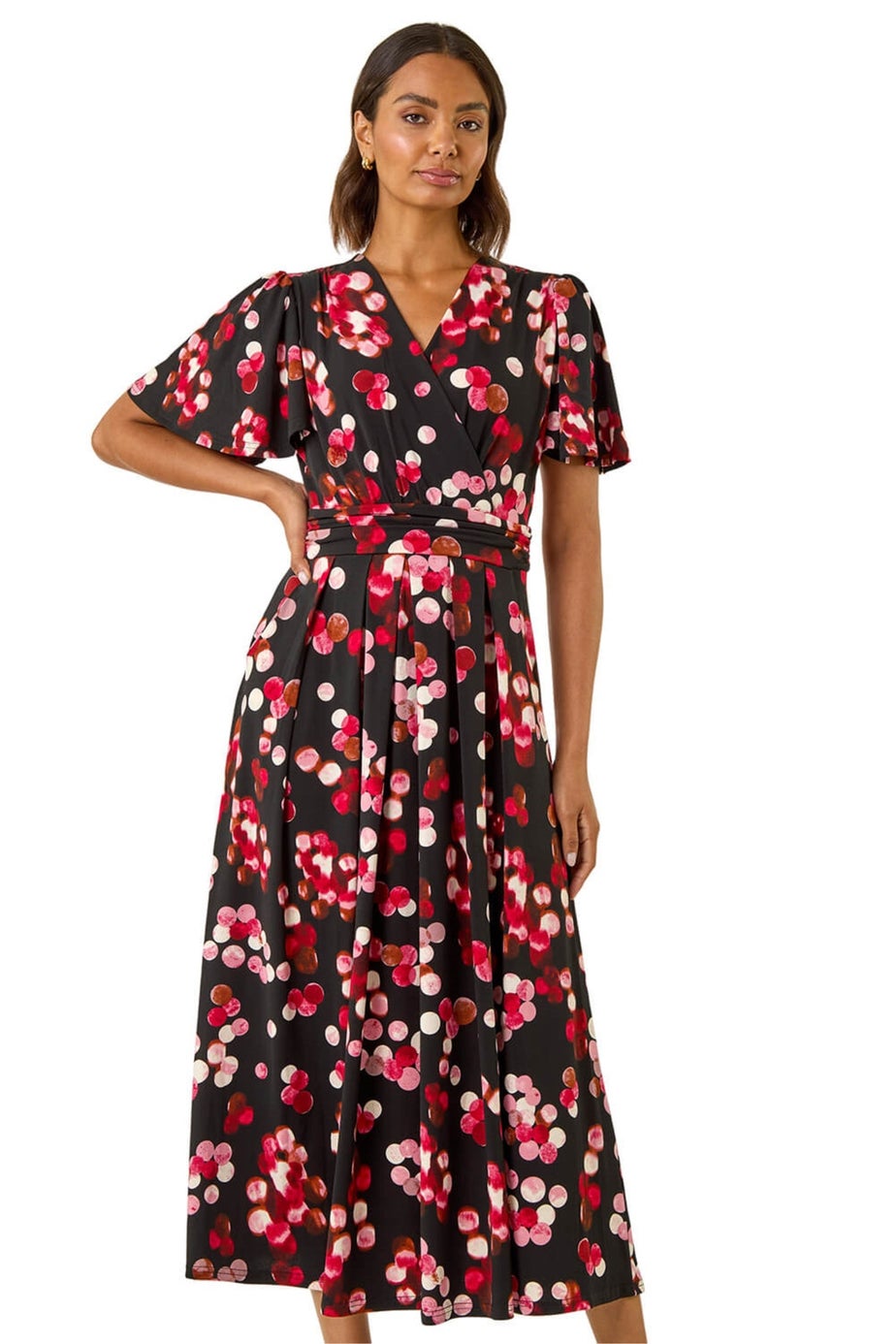 Roman Red Spot Print Wrap Midi Dress