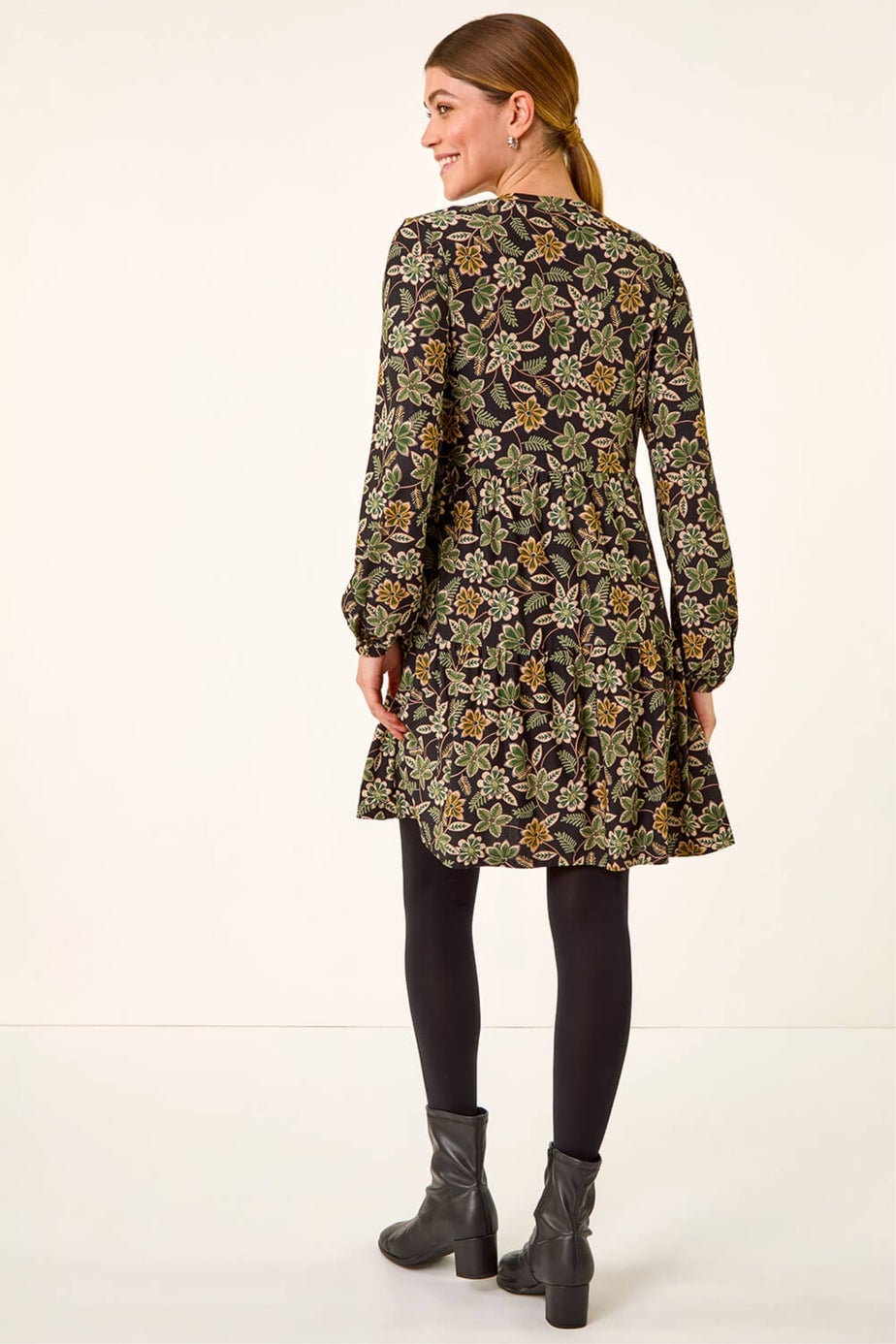 Roman Green Floral Print Button Stretch Dress