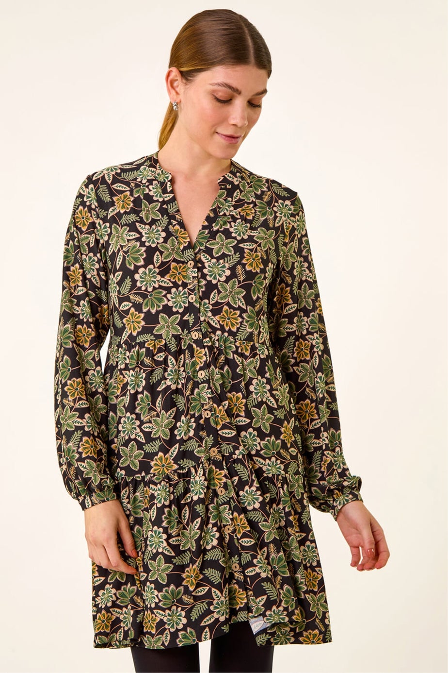 Roman Green Floral Print Button Stretch Dress