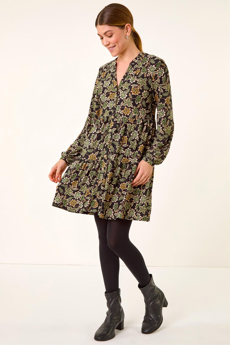 Roman Green Floral Print Button Stretch Dress