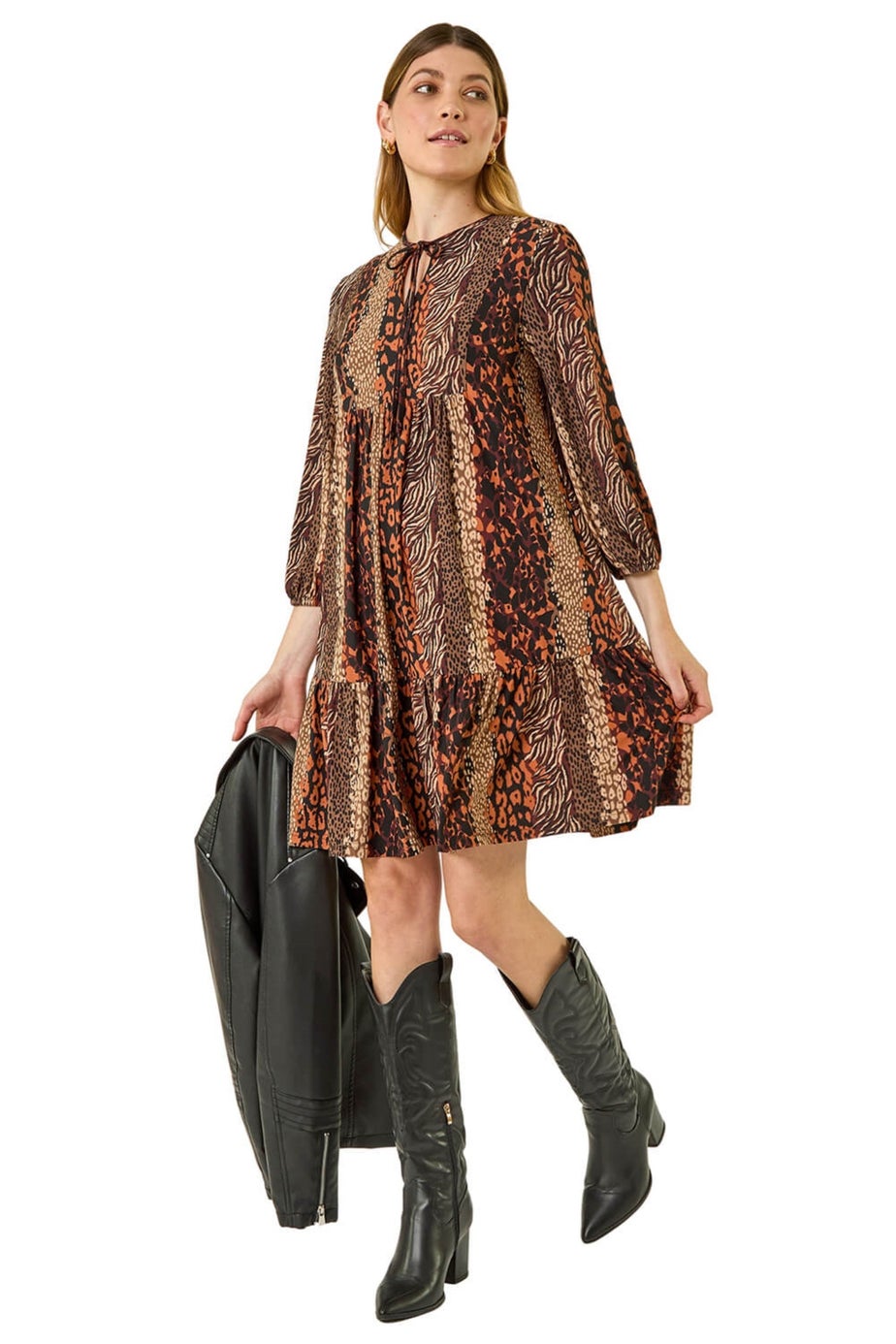 Roman Tan Abstract Print Smock Stretch Dress