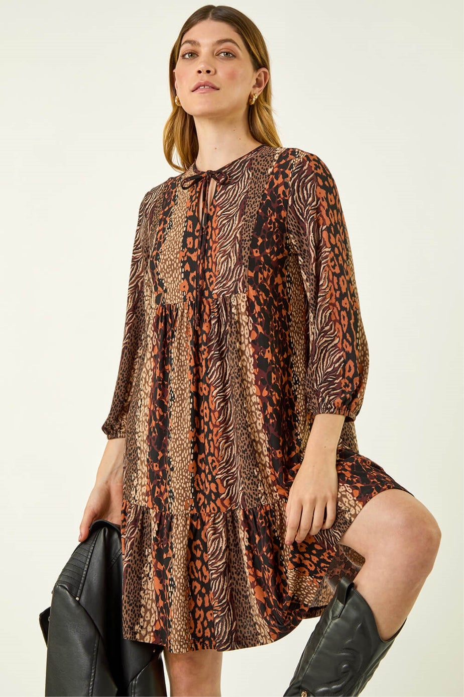 Roman Tan Abstract Print Smock Stretch Dress