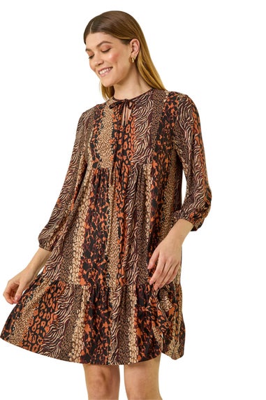 Roman Tan Abstract Print Smock Stretch Dress
