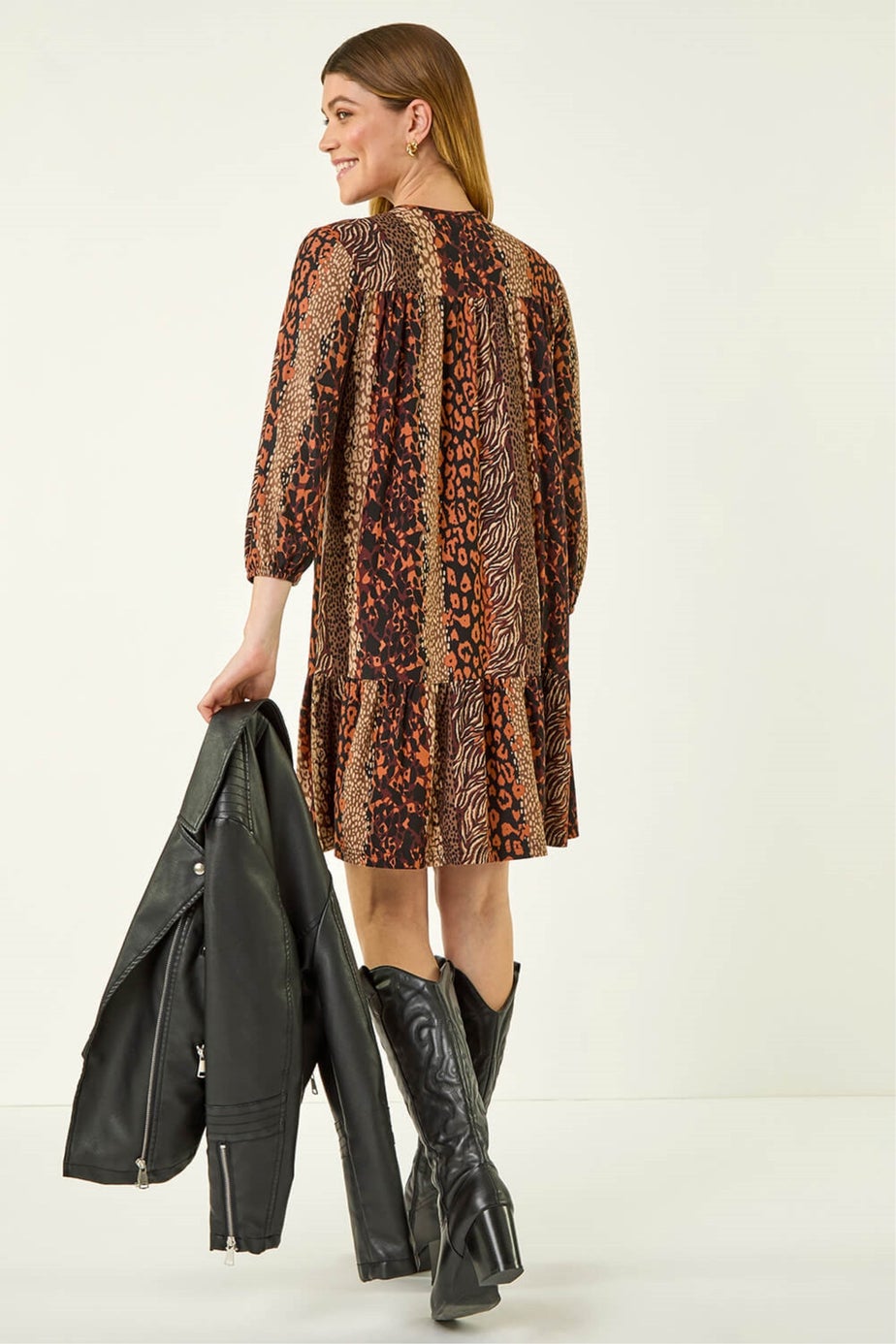 Roman Tan Abstract Print Smock Stretch Dress