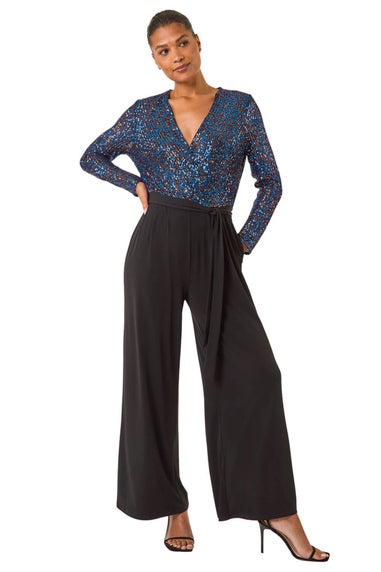 Roman Royal Blue Sequin Wrap V-Neck Stretch Jumpsuit