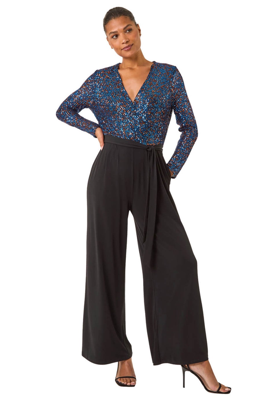 Roman Royal Blue Sequin Wrap V-Neck Stretch Jumpsuit