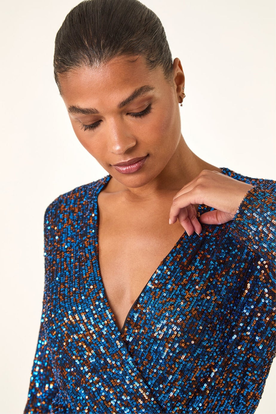 Roman Royal Blue Sequin Wrap V-Neck Stretch Jumpsuit