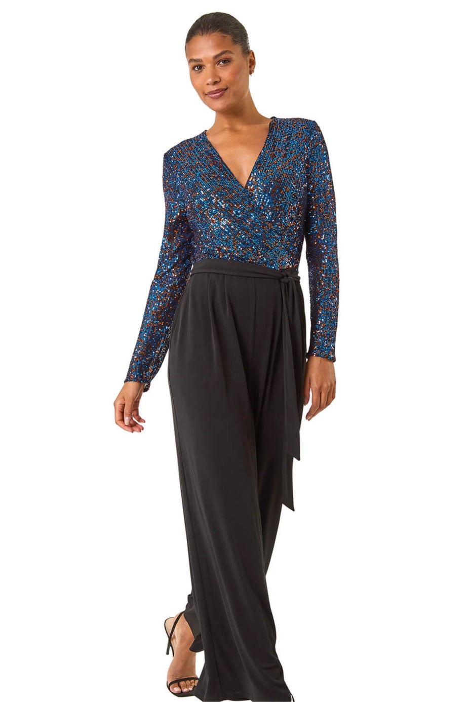 Roman Royal Blue Sequin Wrap V-Neck Stretch Jumpsuit