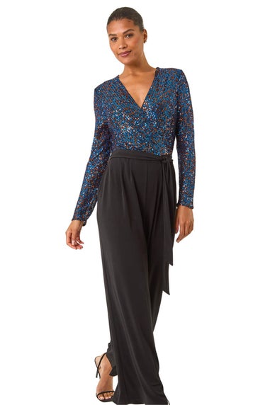 Roman Royal Blue Sequin Wrap V-Neck Stretch Jumpsuit